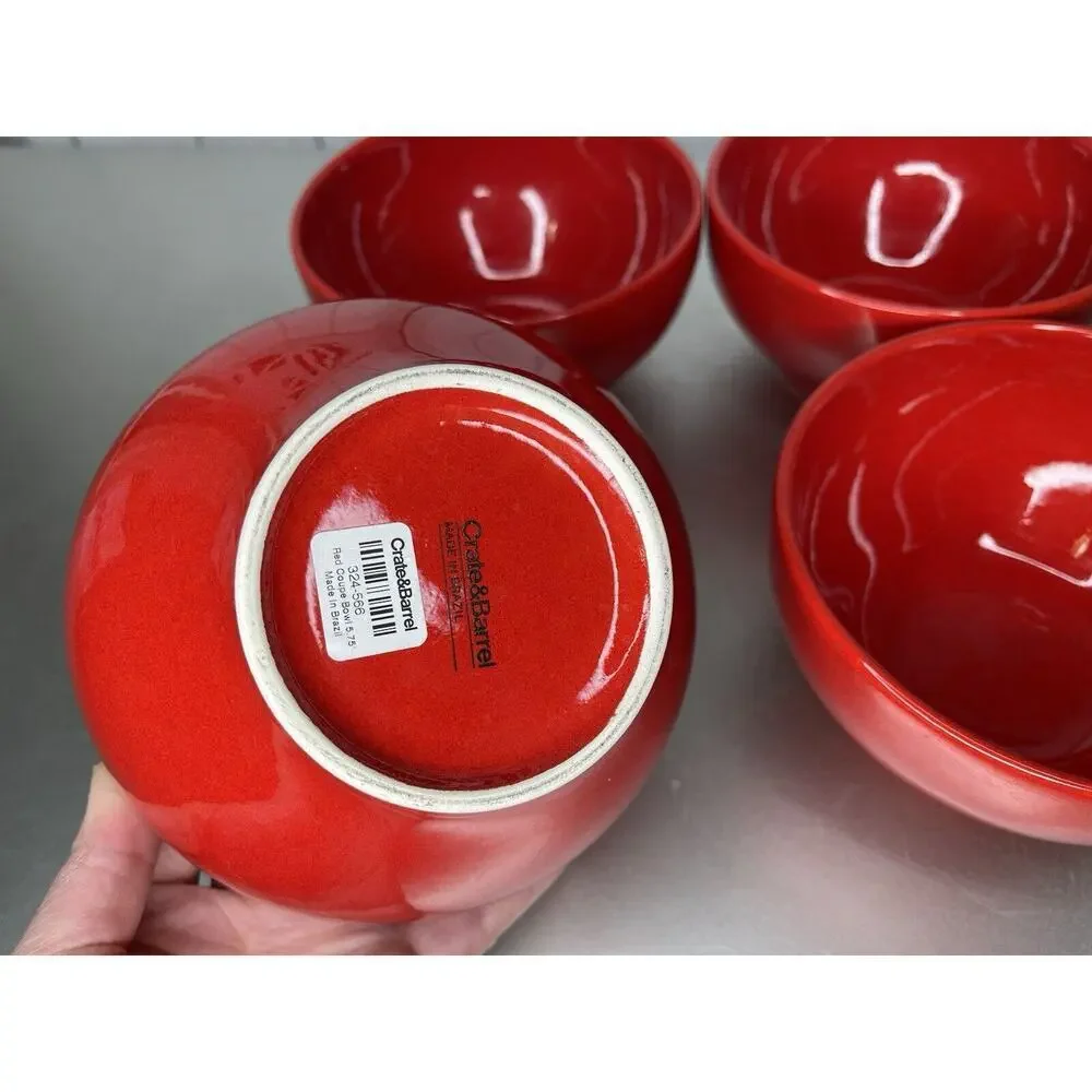 Crate&Barrel Porcelain Red Coupe 5.75in Cereal Soup Bowls Lot Of 4